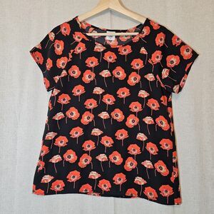 CABI Flanders Top Red Poppy Print Floral Blouse Short Sleeve Back Faux Wrap XS